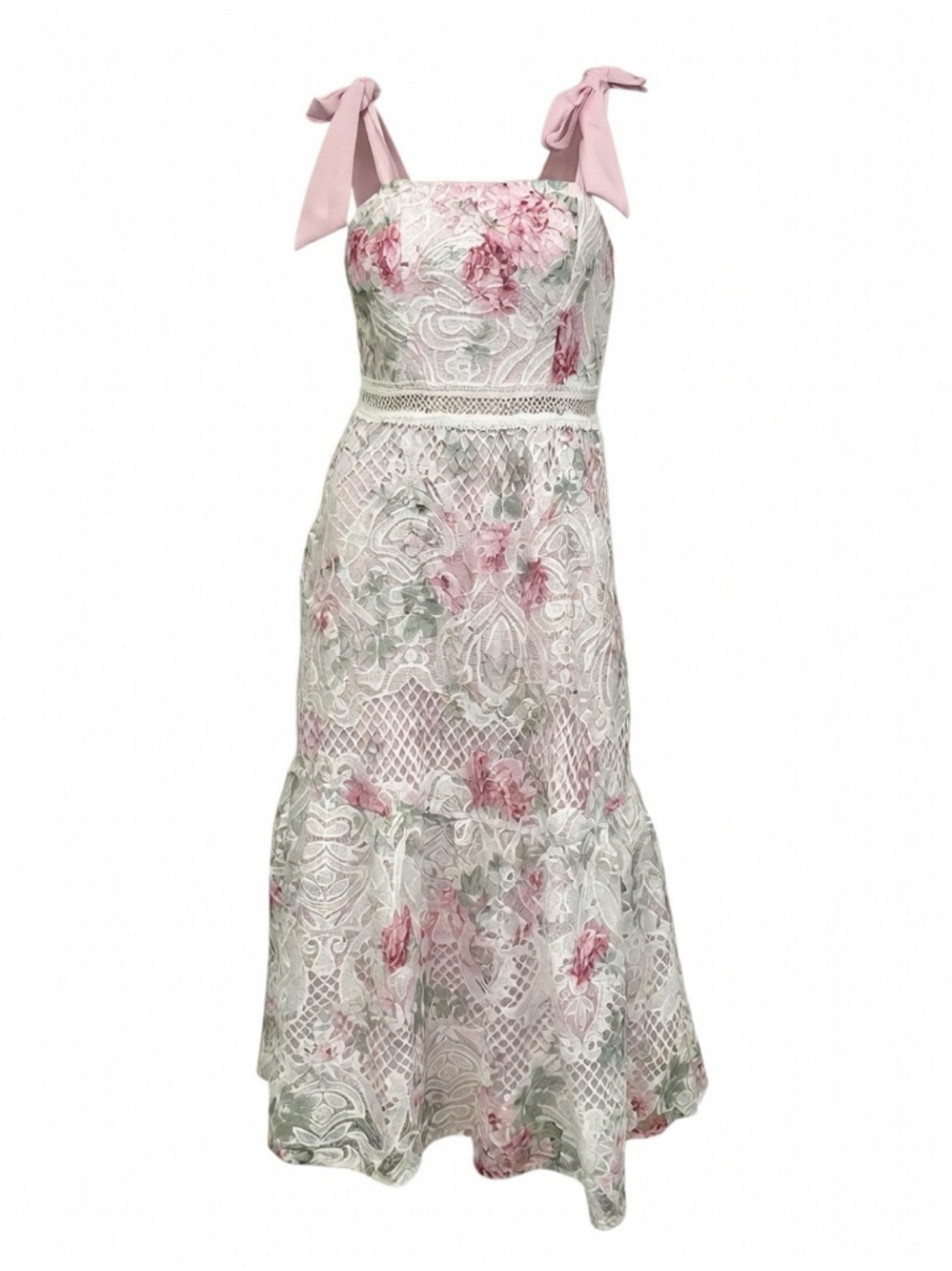 Lace Floral Midi Dress with Pink Tie Straps